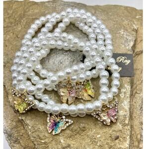 Boho Glass Pearl & Butterfly Charm Stretch Bracelet Stack | Set of 5